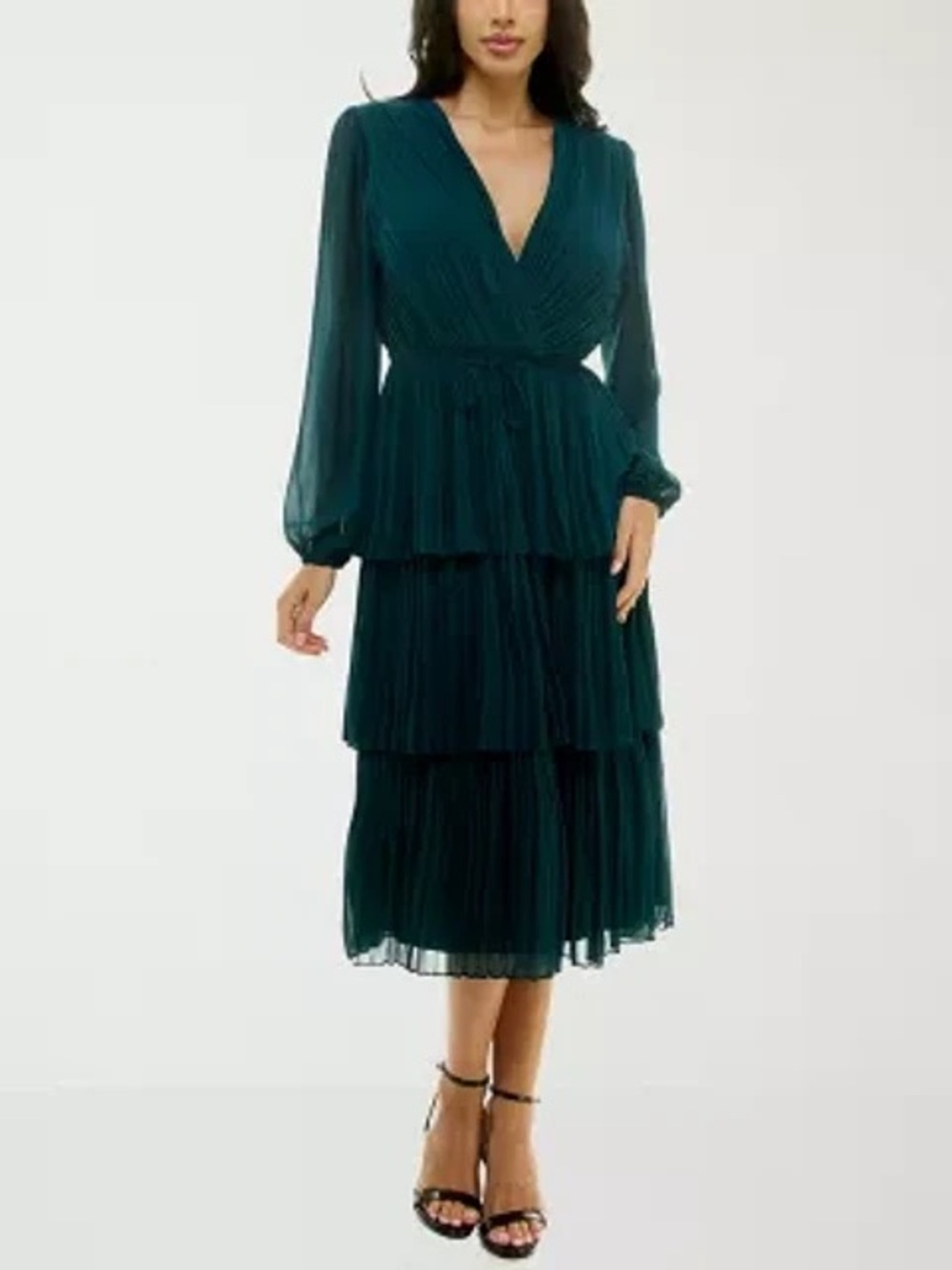 NWT Forest Green Tiered Midi Dress with V-Neck and Long Sleeves